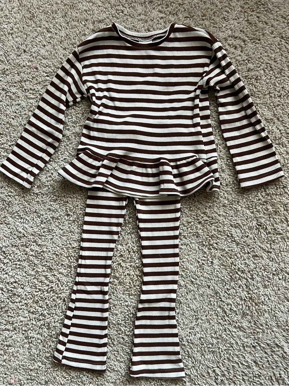 Zara Brown and White Striped Two-Piece Peplum Outfit - Girls